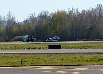 View of crashed single-engine airplane at Bellingham International Airport (April 14, 2021). Photo courtesy of Brian Chicoratich