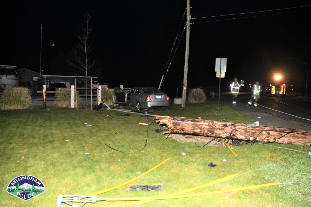 Scene of a car vs pole crash on Eldridge Avenue (April 15, 2021). Photo courtesy of Bellingham Police