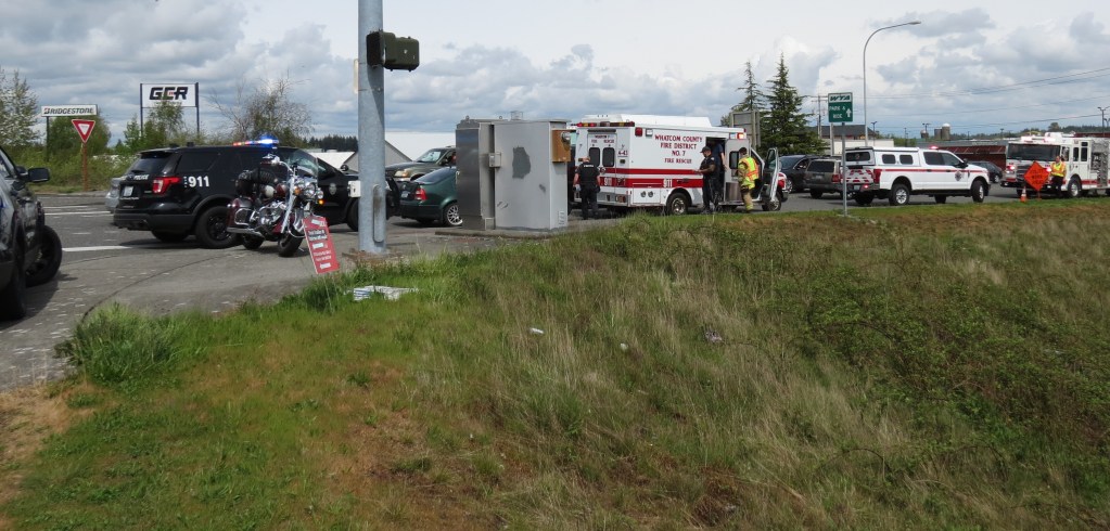 Scene of car vs motorcycle crash on Main Street in Ferndale (April 27, 2021). Photo: Whatcom News