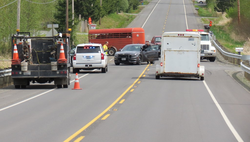 Scene of truck and horse trailer crash on E Smith Road near Mission Road (April 27, 2021). Photo: Whatcom News