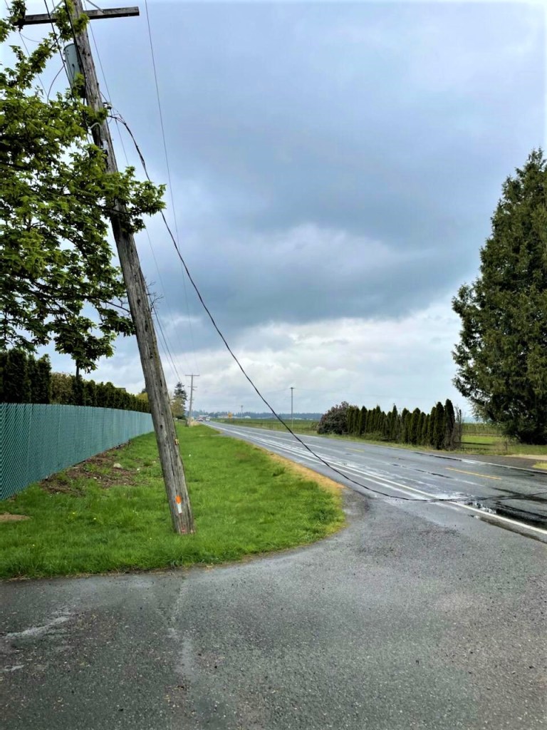 Downed power lines responsible for Badger Road closure (April 24, 2021). Photo courtesy of WSP