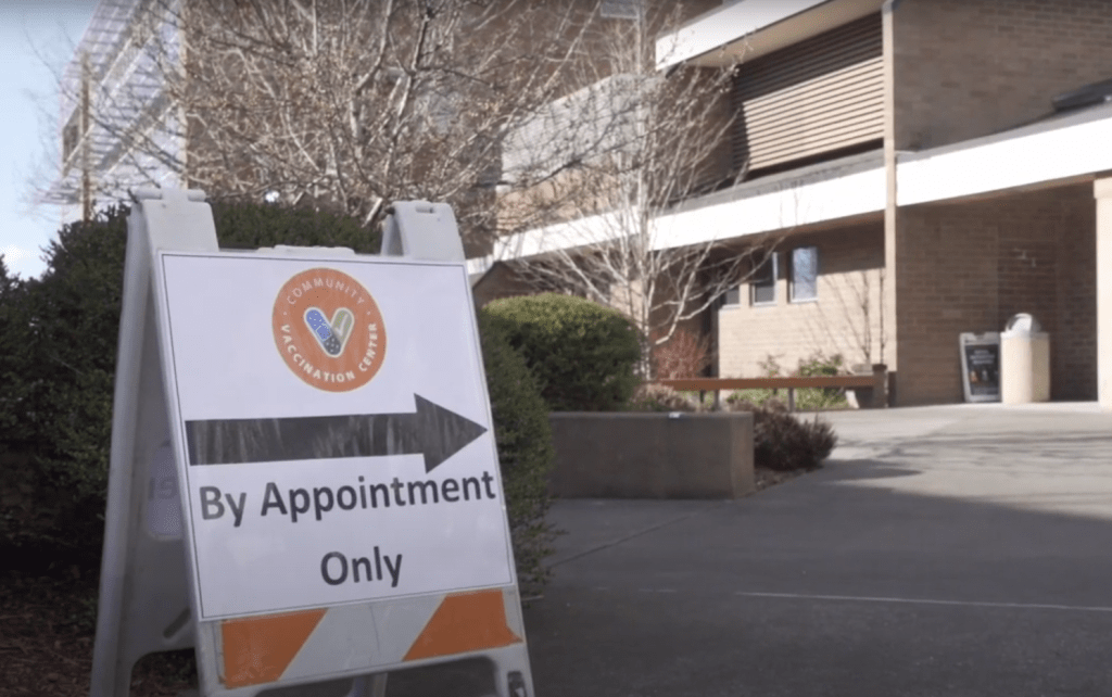 Community Vaccination Center wayfinding sign at Bellingham Technical College.