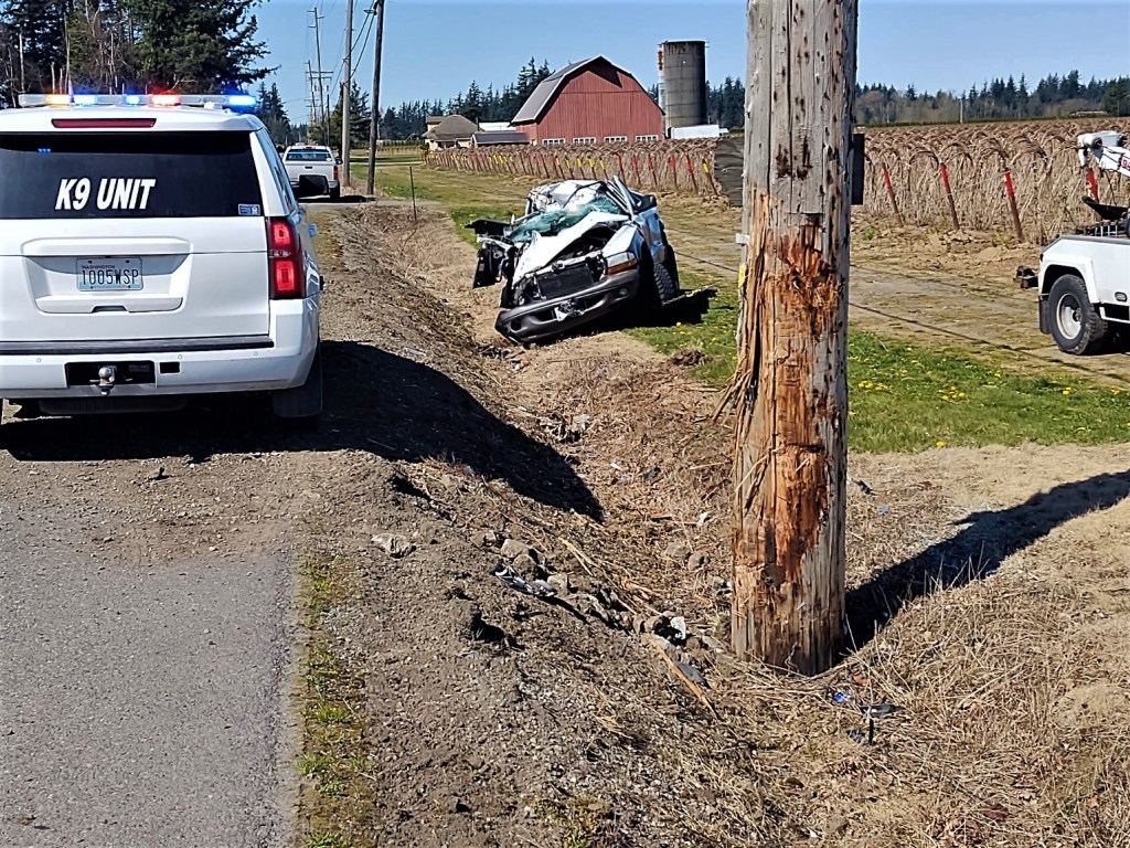 Scene of a single-vehicle rollover crash on Birch Bay-Lynden Road (April 13, 2021). Photo: Whatcom News
