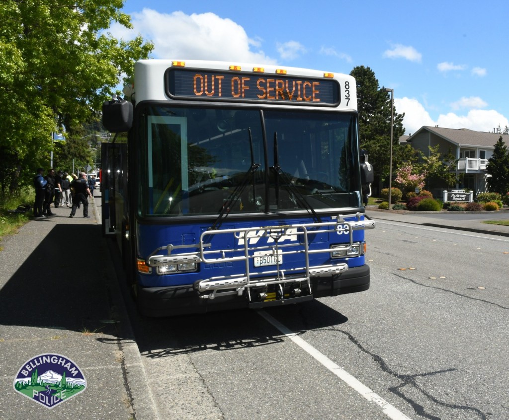 Whatcom Transportation Authority bus seen out of service after a passenger was attacked (May 18, 2021). Photo courtesy of Bellingham Police