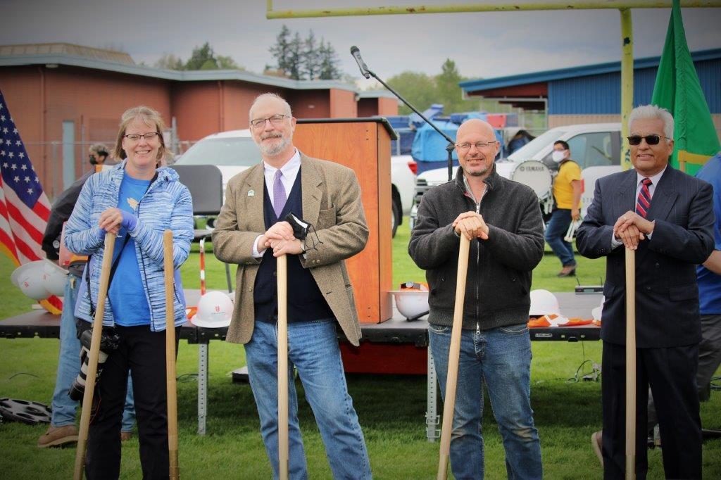 Ferndale City Councilmember Erin Gunter, Mayor Greg Hansen and City Councilmembers Paul Shuey and Herb Porter pose during the new FHS building groundbreaking ceremony (April 27, 2021). Photo: Tanya Shuey - courtesy of Ferndale School District