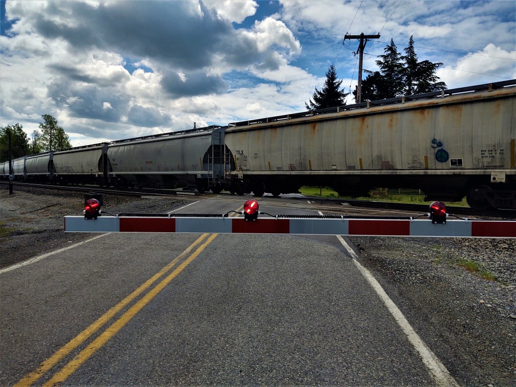 Railroad crossing arms down with rail cars at a crossing. Whatcom News file photo