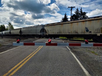 Railroad crossing arms down with rail cars at a crossing. Whatcom News file photo