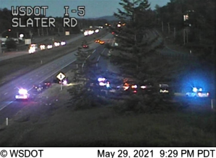 Scene of a rollover crash at the Slater Road I-5 on-ramp (May 29, 2021). Photo: Whatcom News