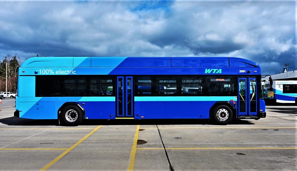 1 of WTA’s first zero-emission, all-electric buses (May 10, 2021). Video still courtesy of WTA