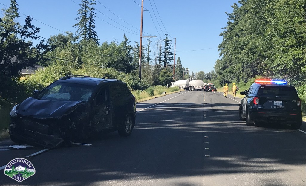 Scene of car vs tanker truck on Mount Baker Highway (June 21, 2021). Photo courtesy of Bellingham Police