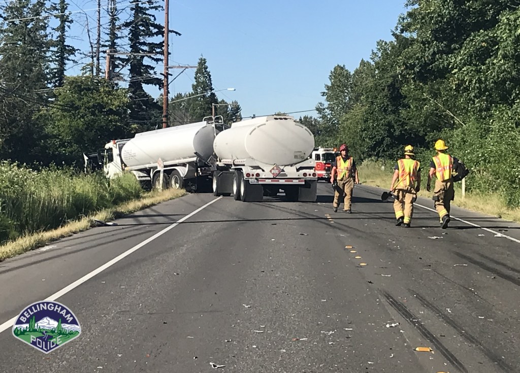 Scene of car vs tanker truck on Mount Baker Highway (June 21, 2021). Photo courtesy of Bellingham Police