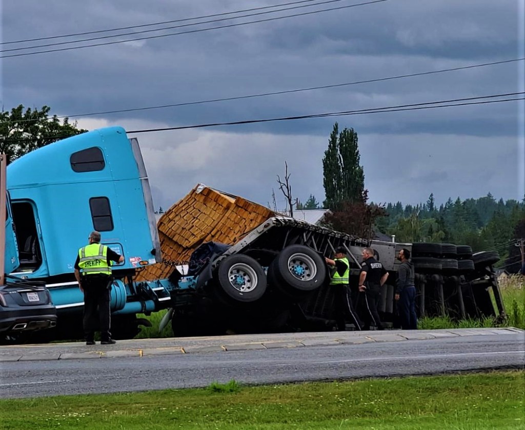 Overturned semi-truck on Slater Road (June 14, 2021). Photo: Rob S.