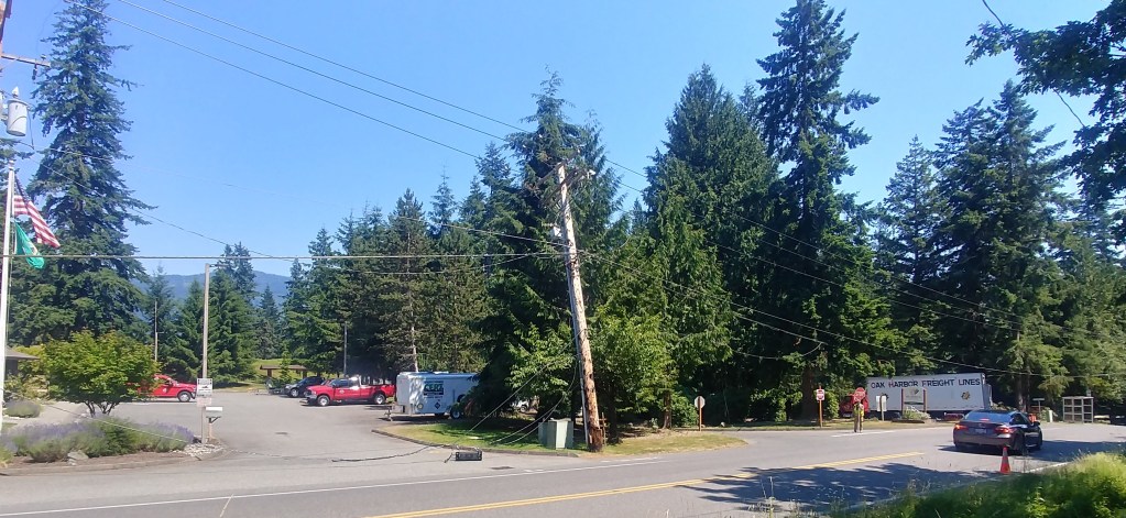 View of broken power pole and downed lines at Gate 1 in Sudden Valley (June 28, 2021). Photo: Hilary Parker