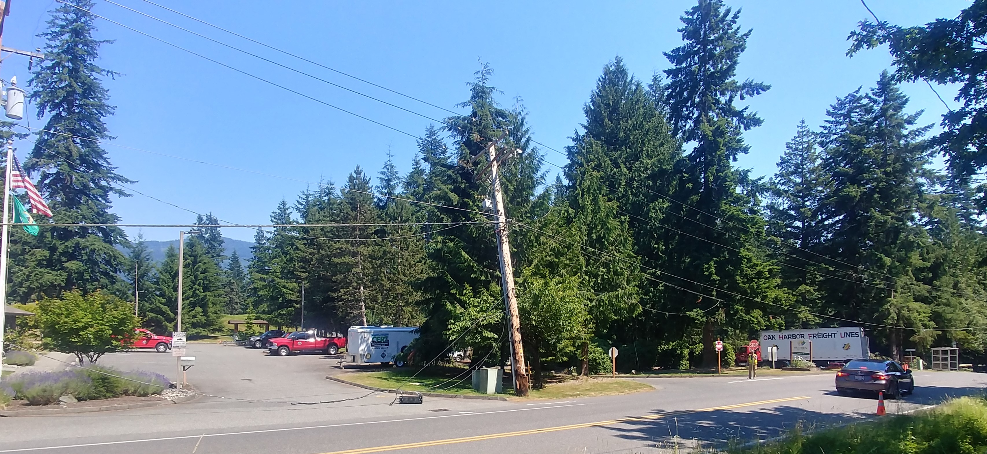 View of broken power pole and downed lines at Gate 1 in Sudden Valley (June 28, 2021). Photo: Hilary Parker
