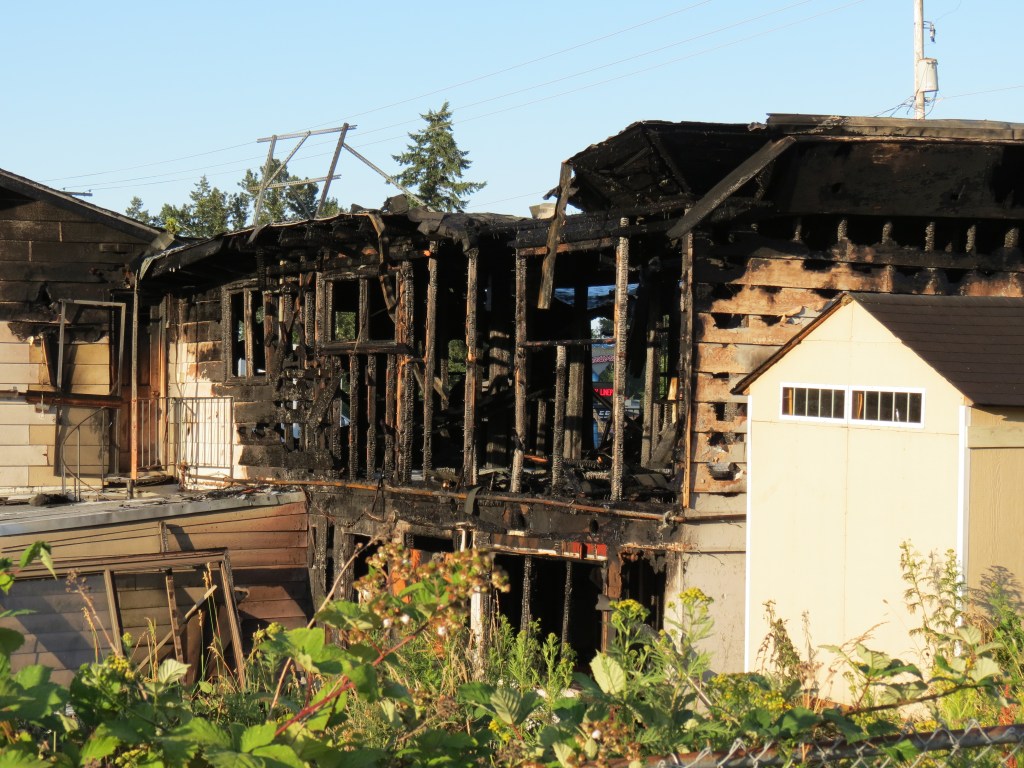 Scene after 2nd fire in 6 months at a business on Meridian Street (July 11, 2021). Photo: Whatcom News