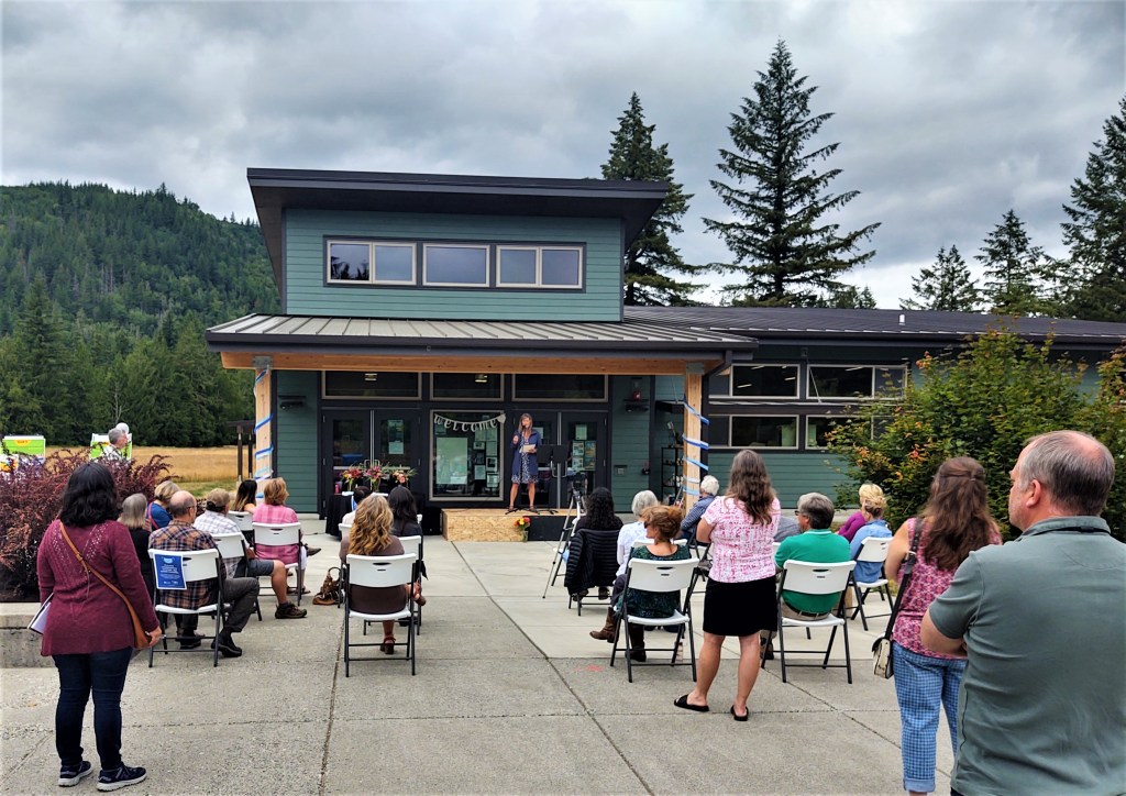 Foothills Food Bank open house guests hear from Board President Cheryl Thompson (July 16, 2021). Photo: Whatcom News
