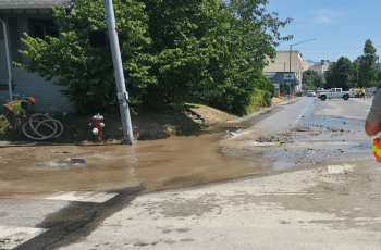 Water main break at Dupont and F Streets (July 9, 2021). Photo courtesy of City of Bellingham