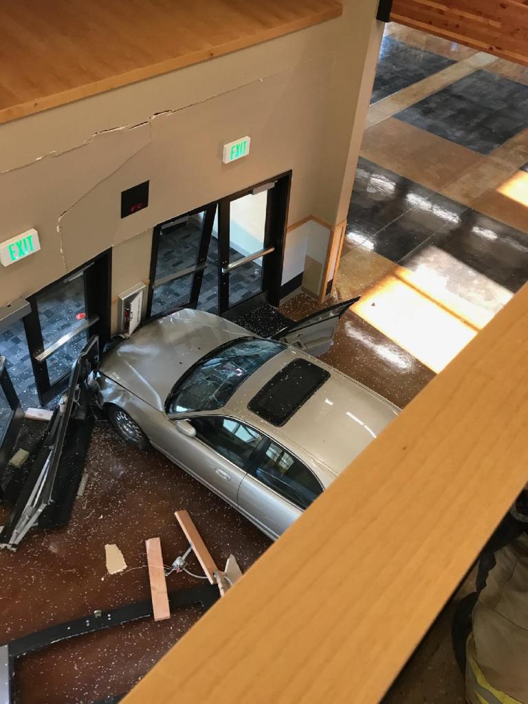 The scene after a car drove into a building on the Meridian High School campus (August 12, 2021). Photo courtesy of NWFR