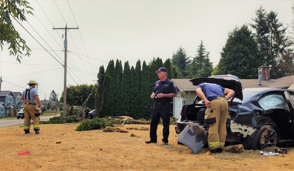 Scene of a rollover crash in Ferndale at Malloy Avenue and Thornton Street (August 14, 2021). Photo: Whatcom News