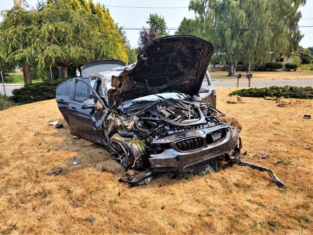 Scene of a rollover crash in Ferndale at Malloy Avenue and Thornton Street (August 14, 2021). Photo: Whatcom News