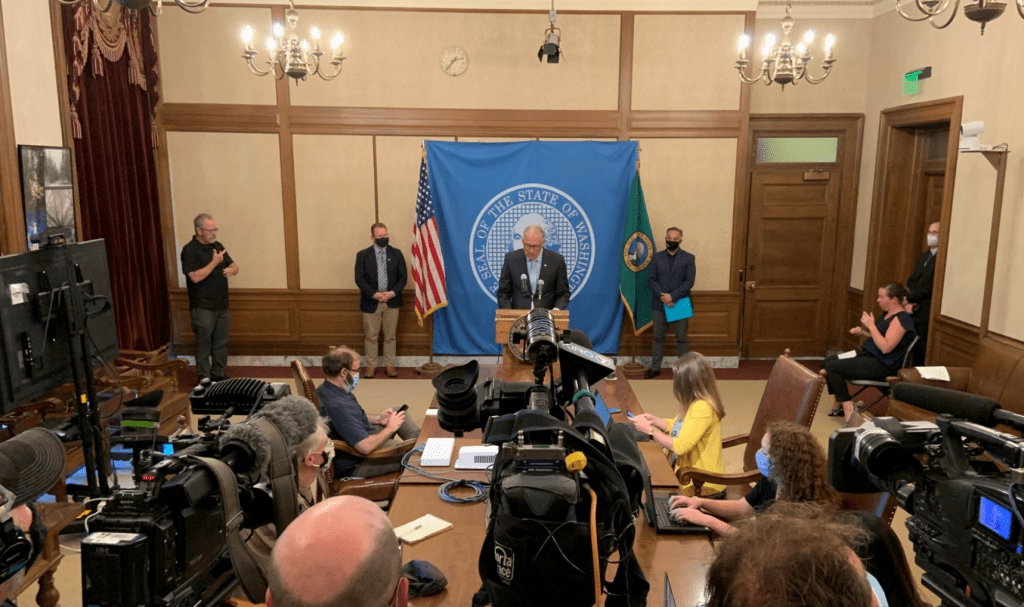 Washington State Governor Jay Inslee during a televised press conference (August 18, 2021). Source: Governor's office