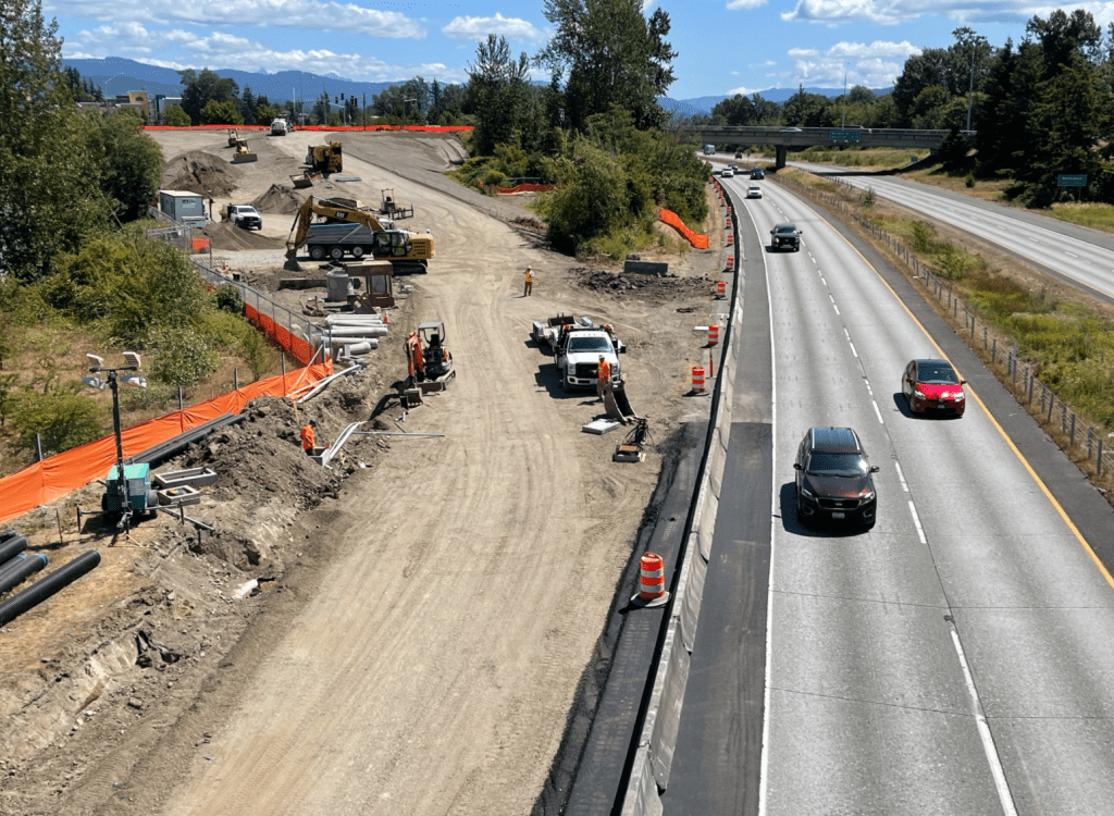 Construction of a 2nd on-ramp at the W Bakerview Road I-5 interchange (August 10, 2021). Photo courtesy of WSDOT