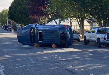 Scene of a rollover crash at F and Halleck Streets (September 16, 2021). Photo courtesy of Bellingham Police