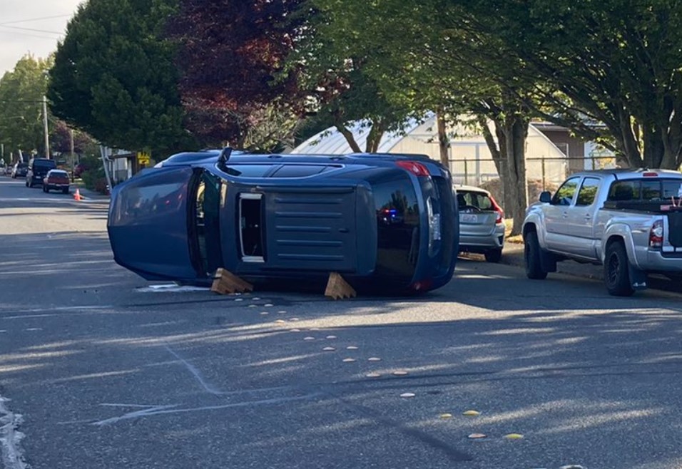Scene of a rollover crash at F and Halleck Streets (September 16, 2021). Photo courtesy of Bellingham Police