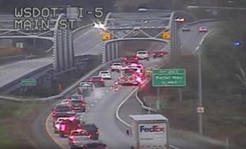 Scene of a non-injury crash on I-5 in Ferndale (October 27, 2021). WSDOT traffic camera