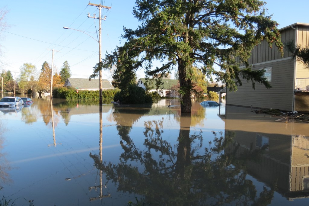 Flooded parking areas near apartments on Bass Road in Ferndale (November 16, 2021). Photo: Whatcom News