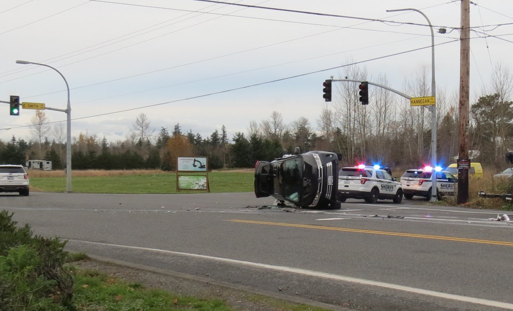 Scene of a T-bone rollover crash on Hannegan Road and E Smith Road (November 26, 2021). Photo: Whatcom News