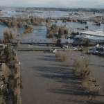 Still from a drone’s view video of Nooksack River flood event at 23.4′ in Ferndale (November 16, 2021). Video courtesy of a reader
