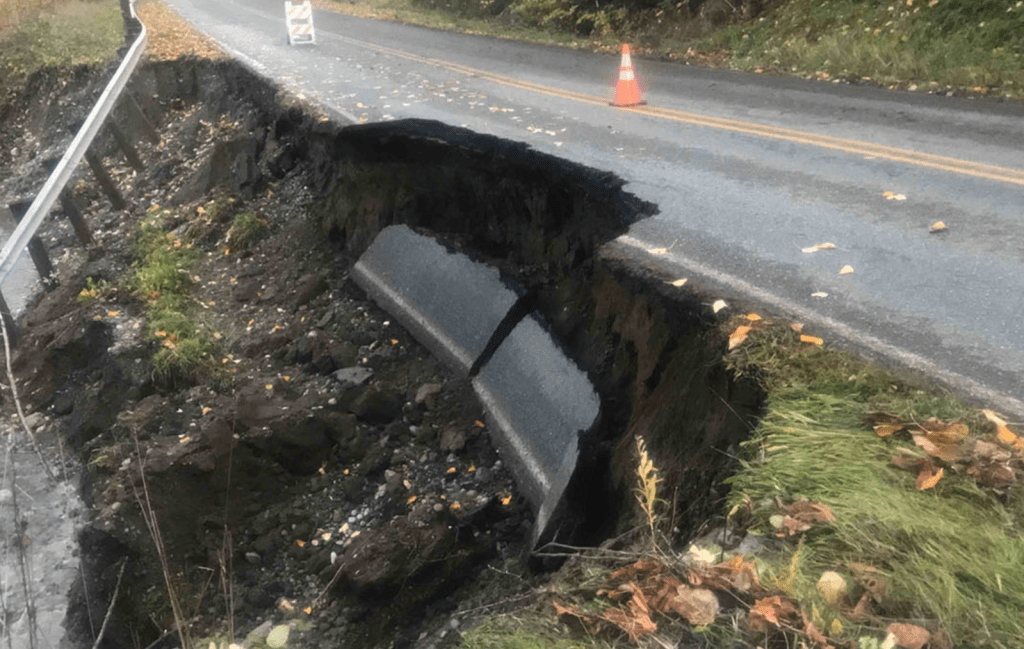 Damage visible on Goshen Road after flooding (November 16, 2021). Photo: Whatcom County Public Works