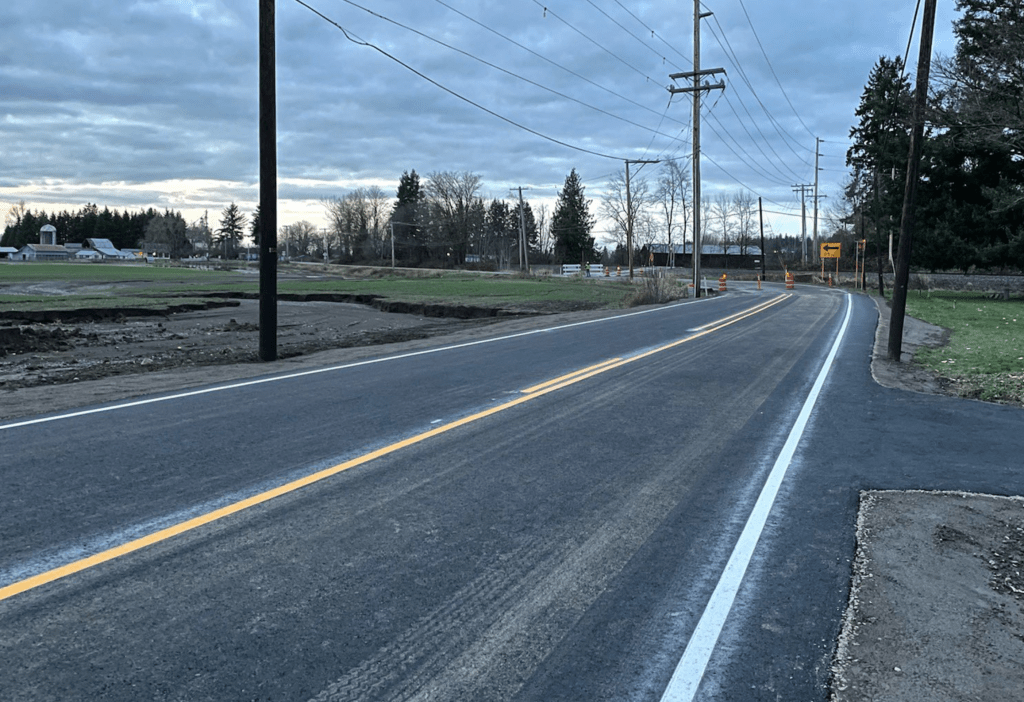 Washed-out section of Lawrence Road (SR9) north of Mount Baker Highway after being repaired (December 2, 2021). Photo: WSDOT