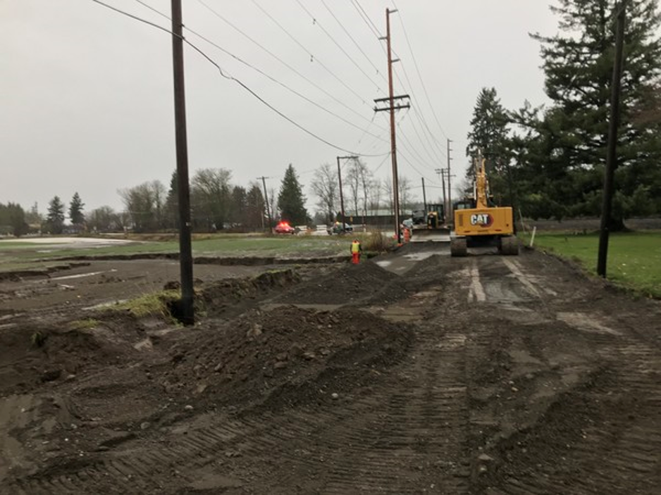 Washed-out section of Lawrence Road (SR9) north of Mount Baker Highway being repaired (November 2021). Photo: WSDOT