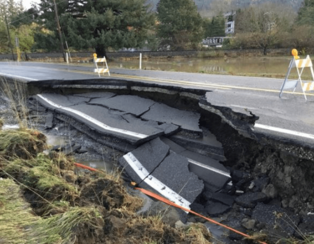 Washed-out section of Lawrence Road (SR9) north of Mount Baker Highway (November 16, 2021). Photo: WSDOT