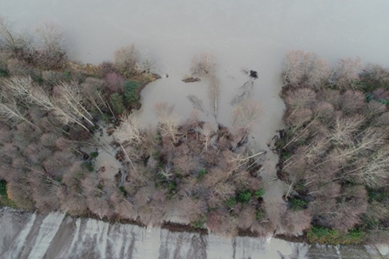 Overhead view of a breach in the Marine Drive Levee. Source: Whatcom County Public Works