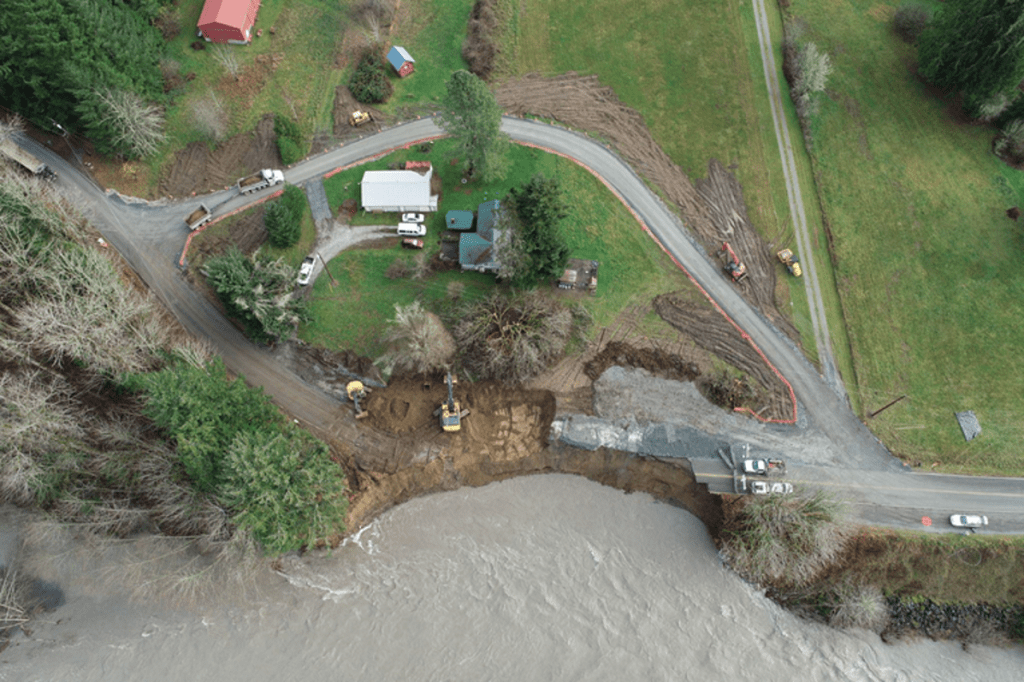View from above of the washed-out section of North Fork Road. Source: Whatcom County Public Works