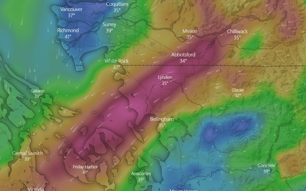 Graphical representation of strong Fraser Valley outflow gusts (indicated in red) expected about 4pm on Sunday, December 19th, based on NAM computer weather forecast model. Source: windy.tv