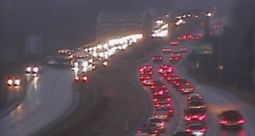 Scene of multiple vehicle crash in the southbound lanes of I-5 in Ferndale (December 21, 2021). Source: WSDOT traffic camera