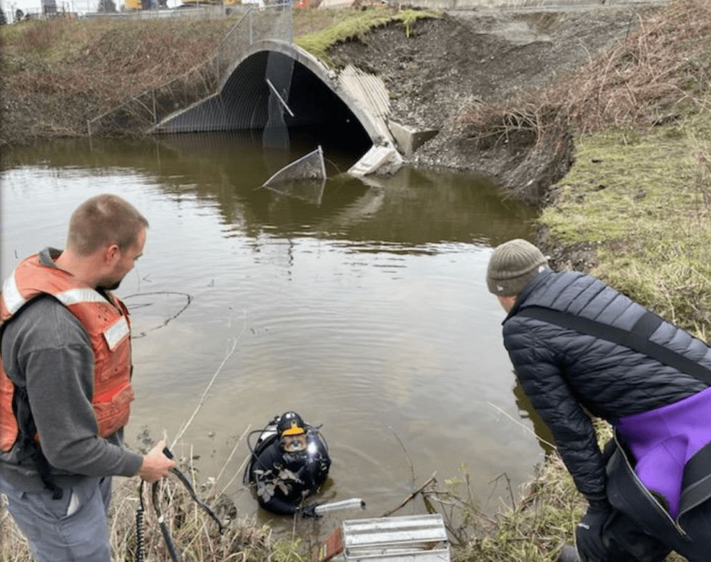 A diver is in the water during an inspection of a culvert under Everson Road (SR544) that was damaged during the mid-November flood events (December 13, 2021). Photo courtesy of WSDOT