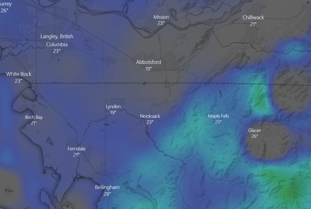 Graphical representation of snow expected over a 24-hour period beginning Saturday, December 25, 2021, based on the NAM computer weather forecast model. Source: windy.tv