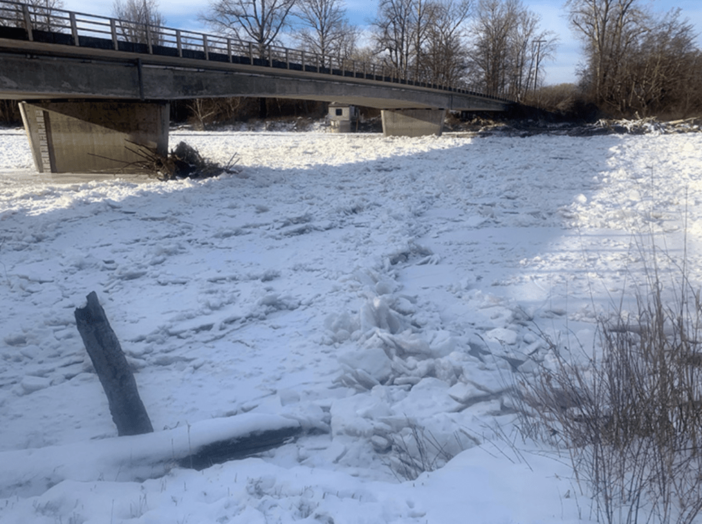 Ice and snow cover the Nooksack River at Marine Drive (December 29, 2021). Photo: Whatcom County Public Works
