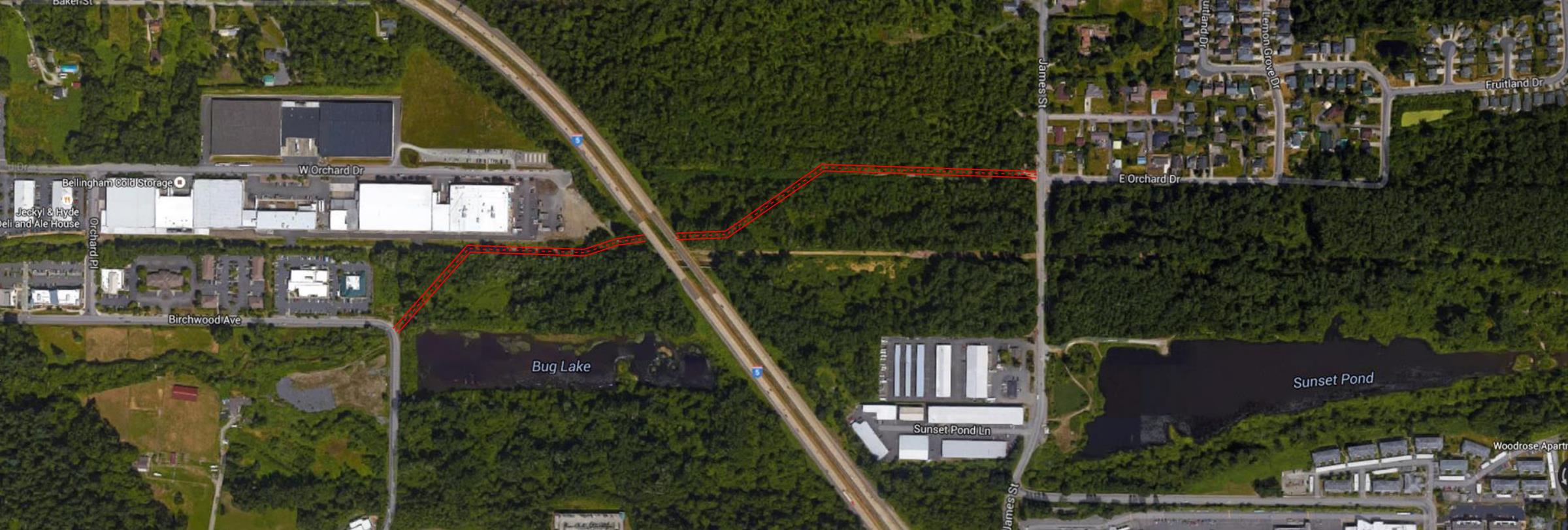 Graphic overlay indicating course of Orchard Street connector. Source: City of Bellingham