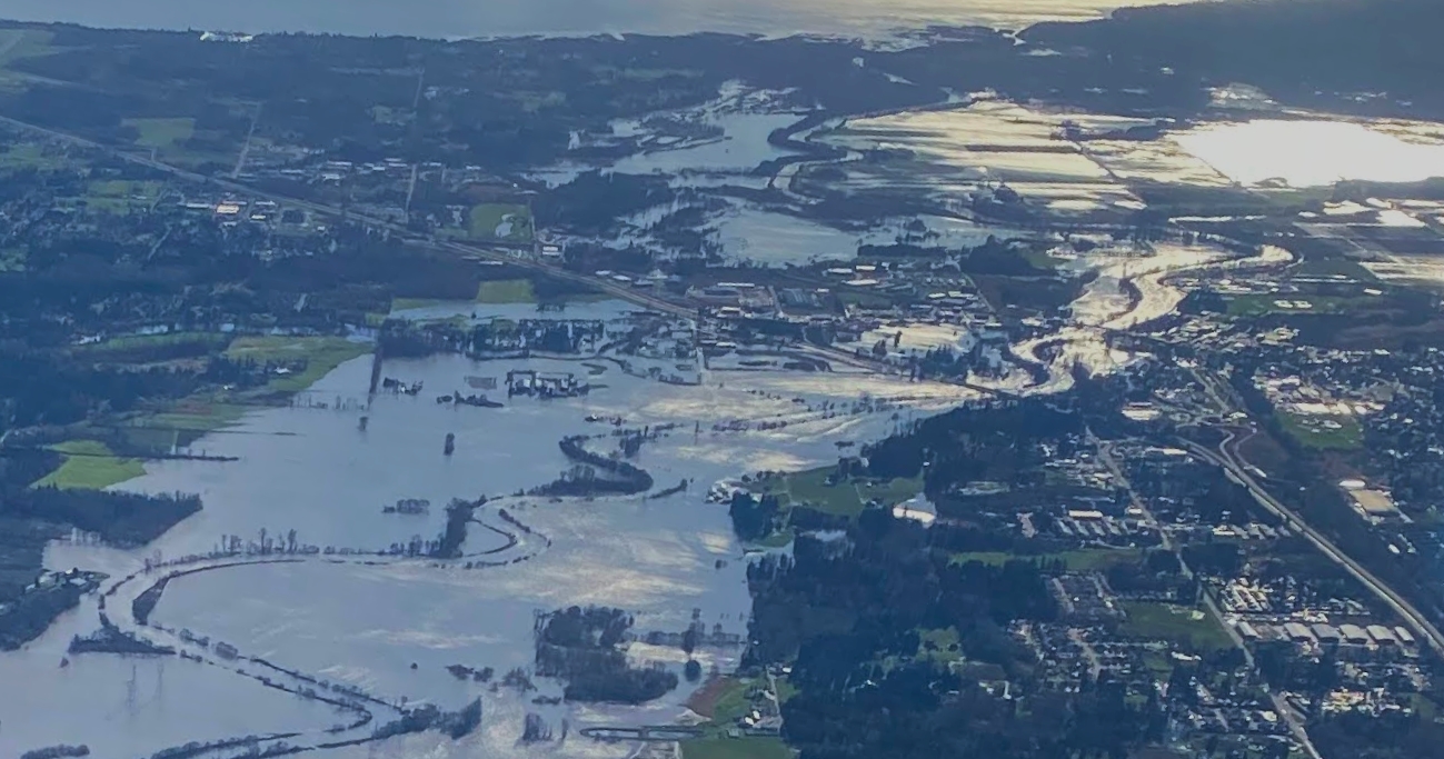 View over Ferndale looking south during mid-November flood event (November 16, 2021). Photo courtesy of Larry McCarter
