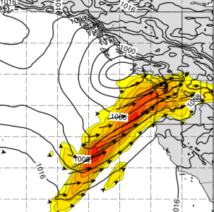 Plot of vertically integrated water vapor transport analysis forecast for 4pm, January 6, 2022, based on NAM forecast model.