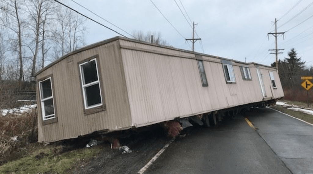 Mobile home disabled after being trailered on Portal Way (January 4, 2022). Photo: Whatcom County Public Works