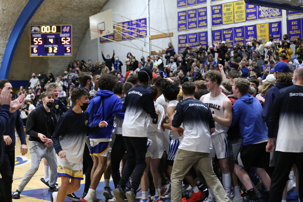 Celebration at the end of Ferndale High School's 55 to 52 basketball victory over Lynden (January 26, 2022). Photo courtesy of Charlotte Wells
