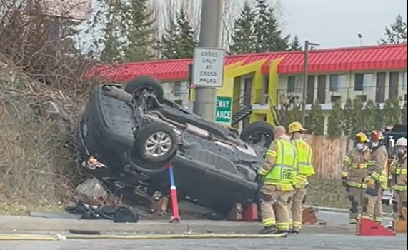 Scene of rollover crash at Meridian Street and McLeod Road (February 23, 2022). Photo courtesy of Reilly Hannigan