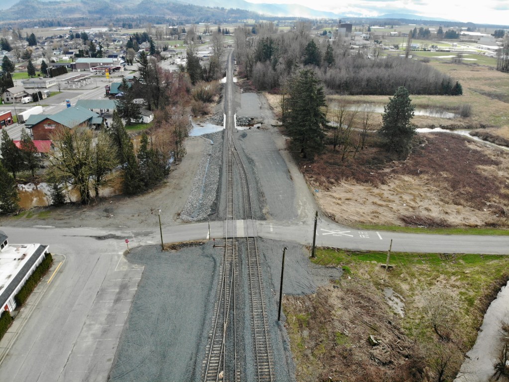 View of repaired rail lines in Sumas area following mid-November flood disaster (date unknown). Photo courtesy of Western Refinery Services